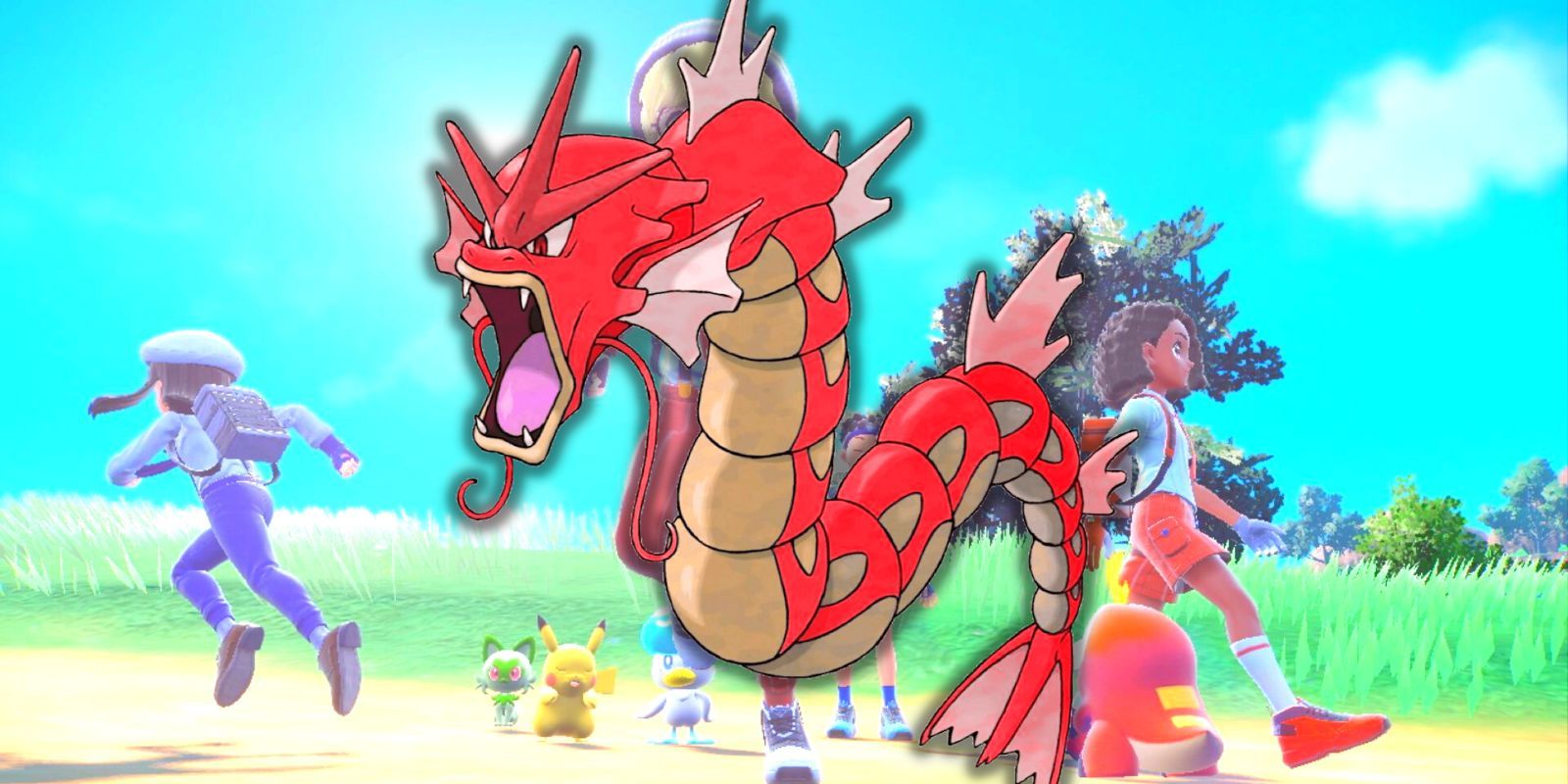 A shiny Garaydos layered on top of a sunny day in Pokemon Scarlet and Violet