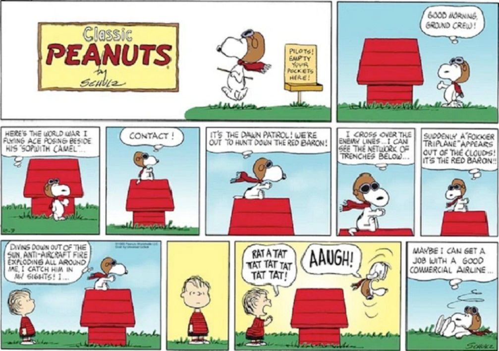 Flying ace Snoopy shot down by Linus in Peanuts