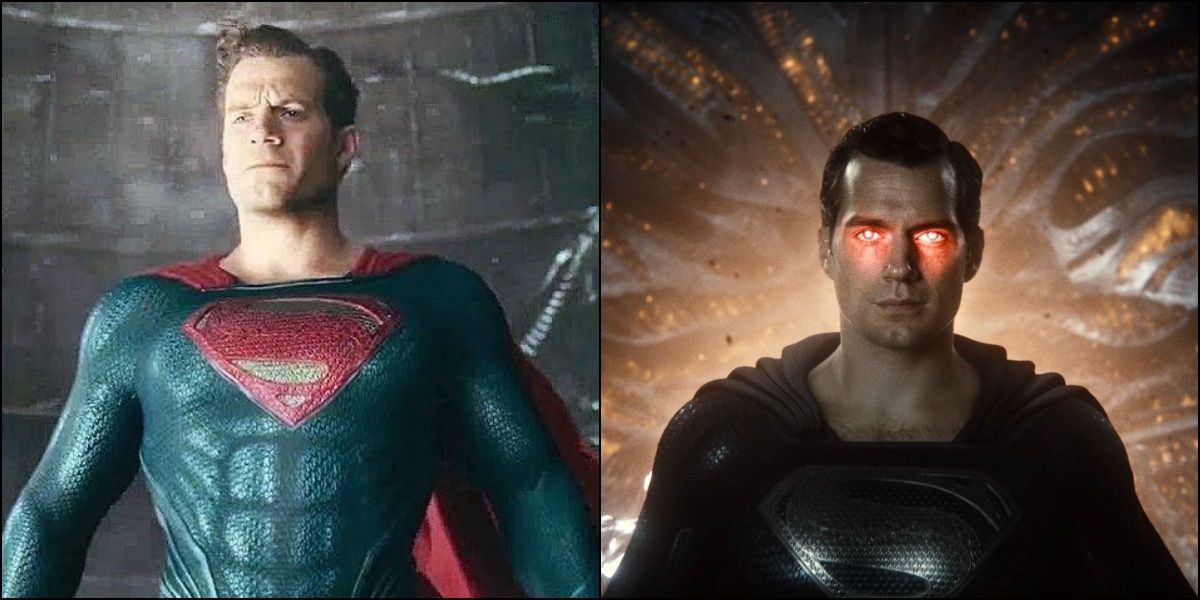 Split image of Henry Cavill's Superman From Whedon's Justice League and The Snydercut