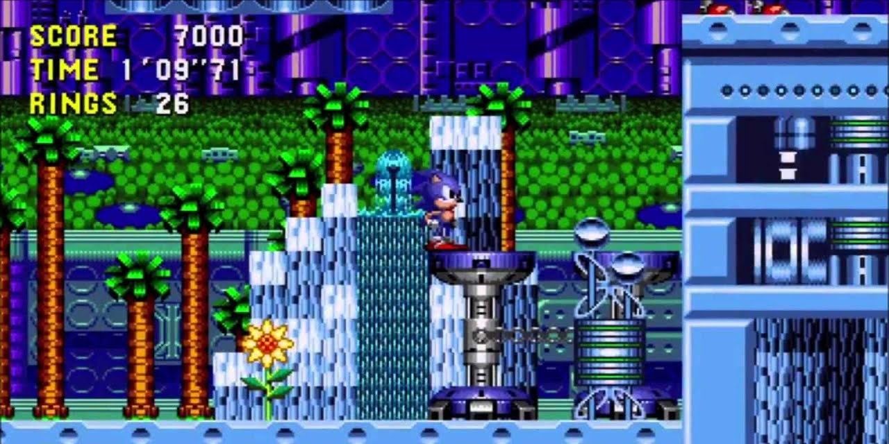 Sonic faces a utopian landscape