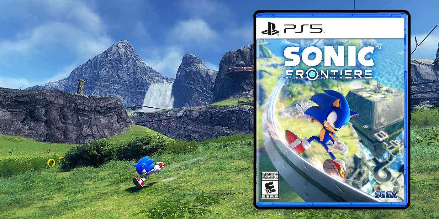 Sonic traverse un champ de monde ouvert à côté de l'illustration de la boîte pour Sonic Frontiers