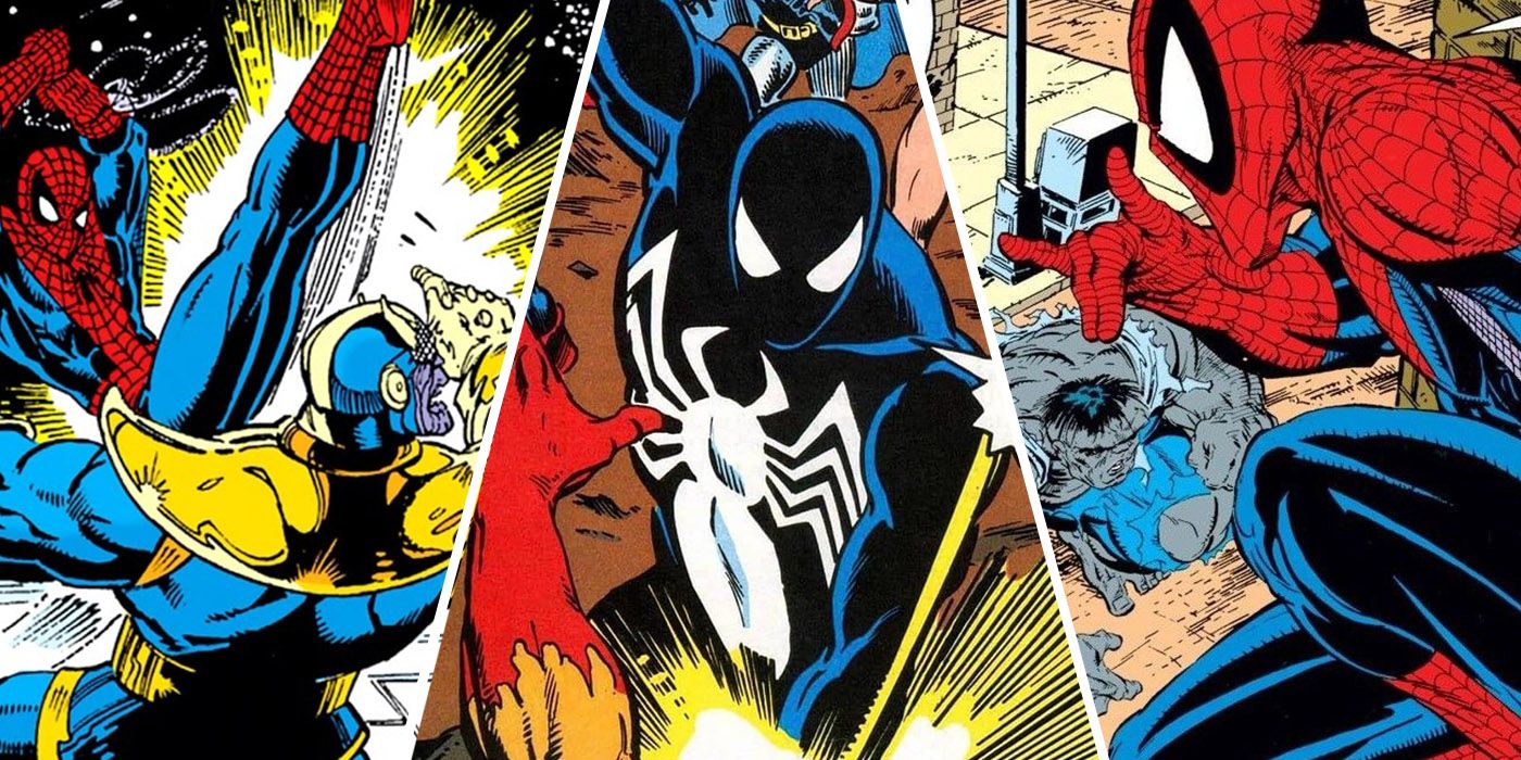 split image of Spider-Man versus Thanos, Firelord and Grey Hulk