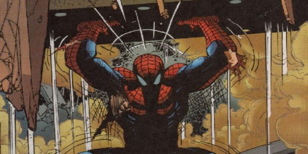 Spider-Man holds the wreckage of the Daily Bugle on his shoulders in Marvel Comics