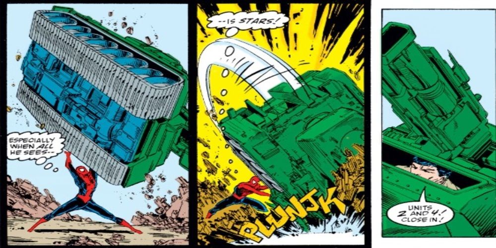 Spidey lifts and smashes a mini-tank in Marvel Comics