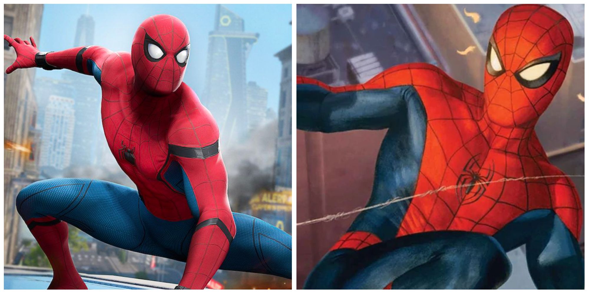 A split image of the MCU's Spider-Man and Peter Parker's Spider-Man in Marvel Comics