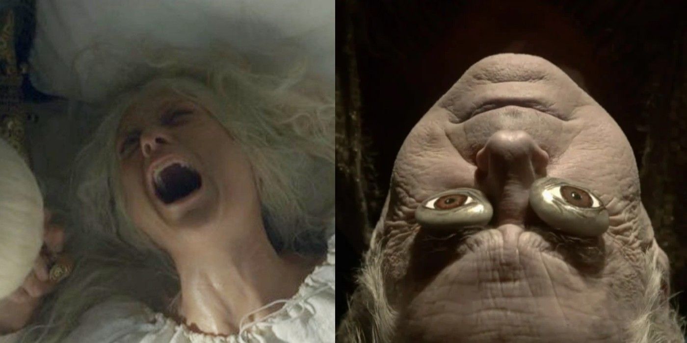 Split image of Aemma Arryn and Jon Arryn's deaths in HotD and GoT.
