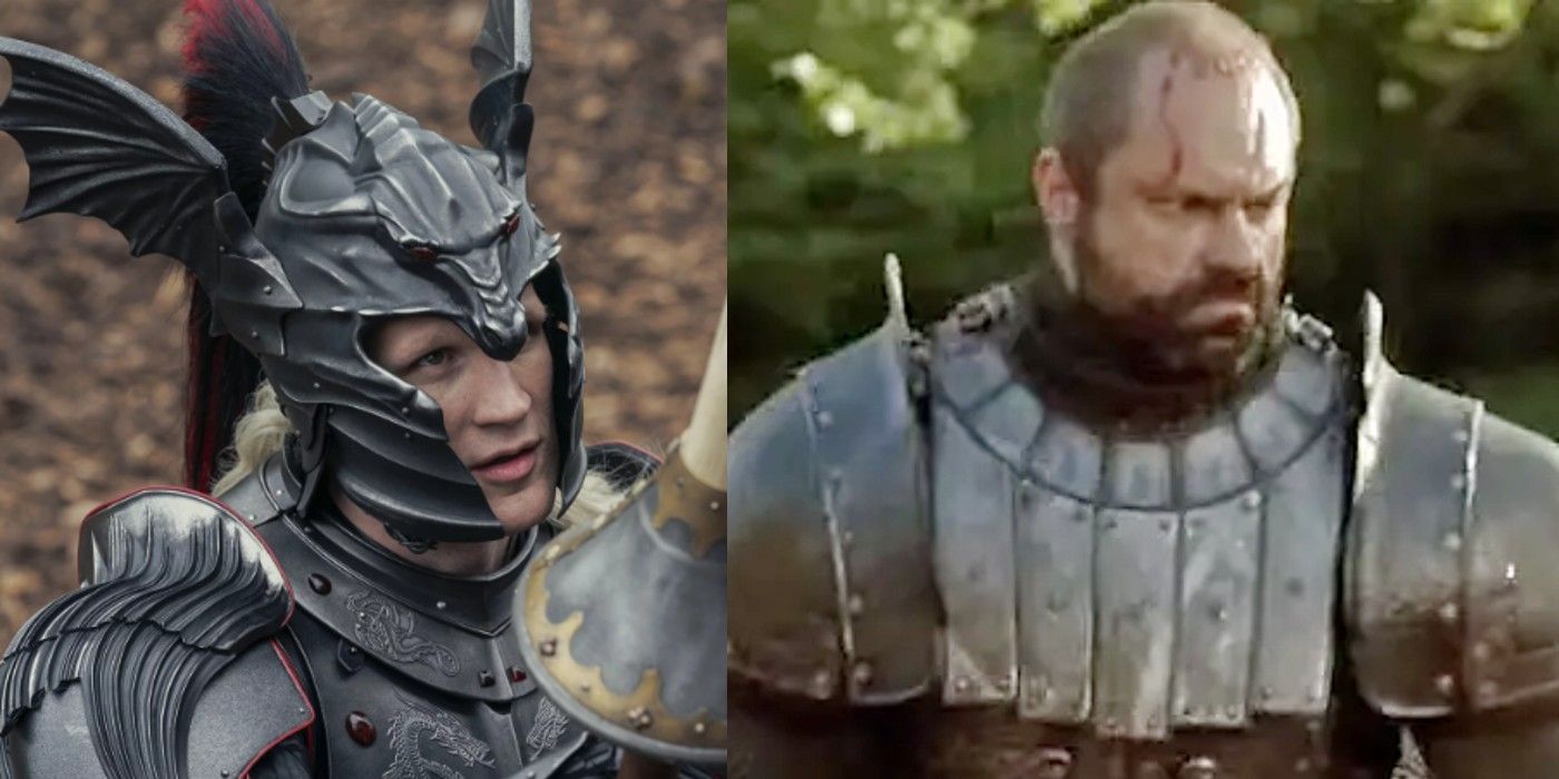 A split image of Daemon Targaryen from HotD and The Mountain from GoT at a tourney.