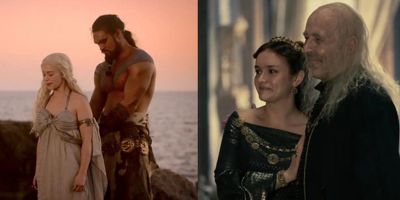 A split image of Daenerys and Khal Drogo from GoT and Viserys and Alicent from HotD.