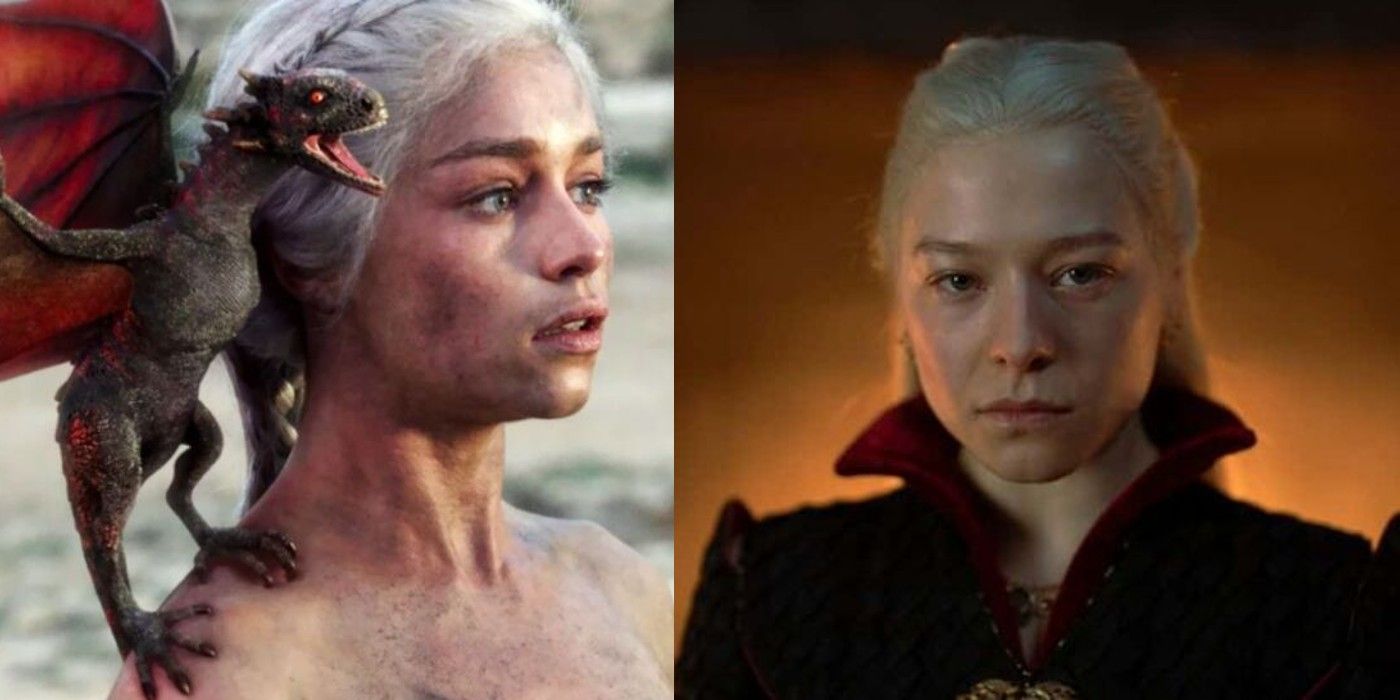 A split image of Daenerys Targaryen from GoT and Rhaenyra Targaryen from HotD during their last scene in Season 1.