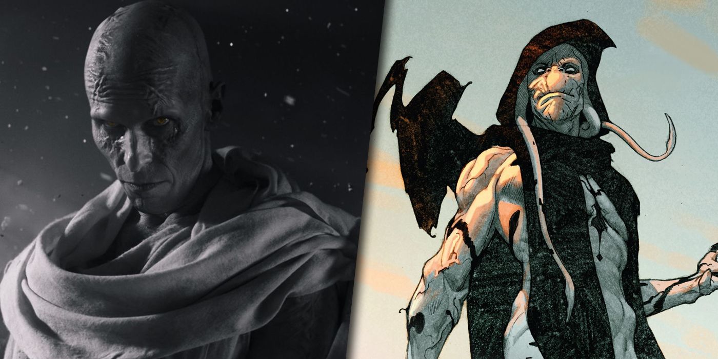 Split image of Gorr the God Butcher from the MCU and the comics