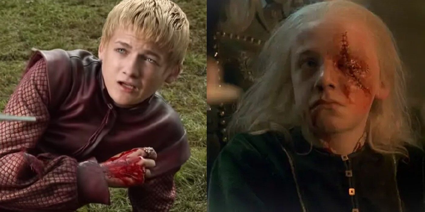 A split image of Joffrey Baratheon from GoT and Aemond Targaryen from HotD injured.