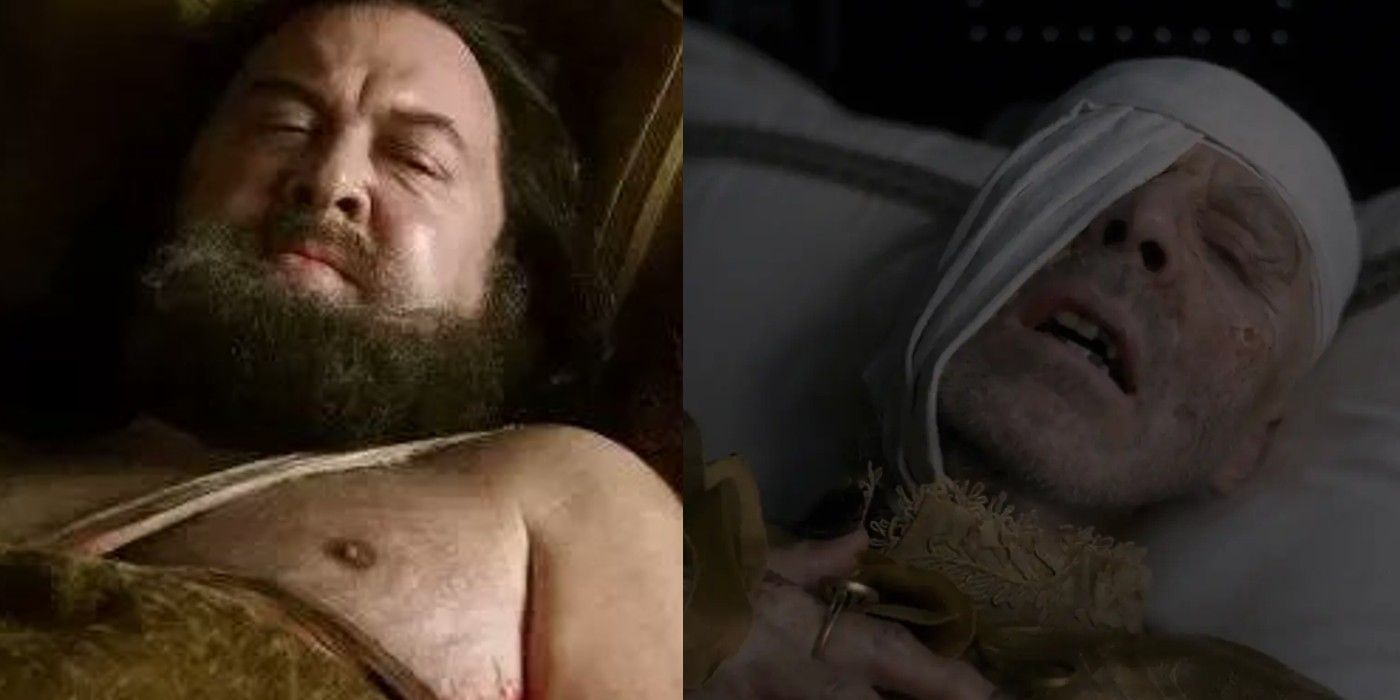 A split image of King Robert Baratheon from GoT and King Viserys Targaryen from HotD during their deaths.