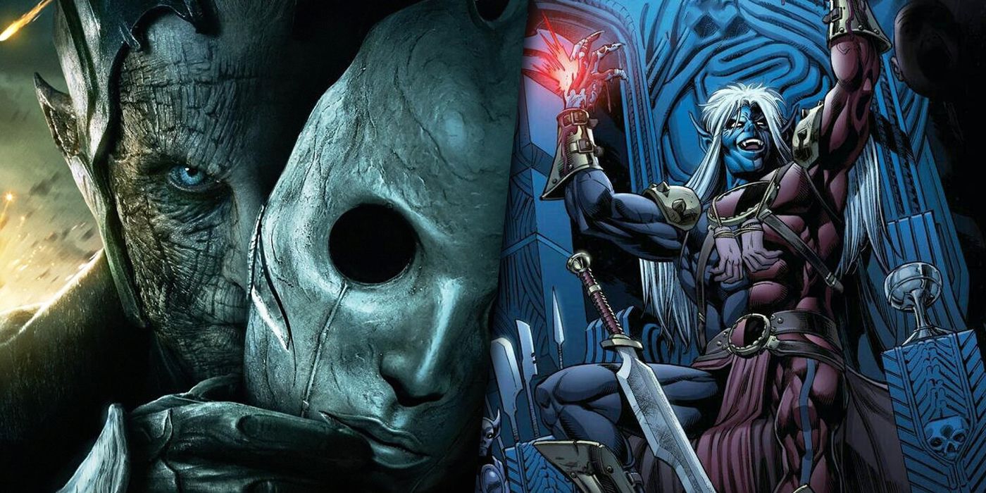 Split image of Malekith the Dark Elf from the MCU and the comics