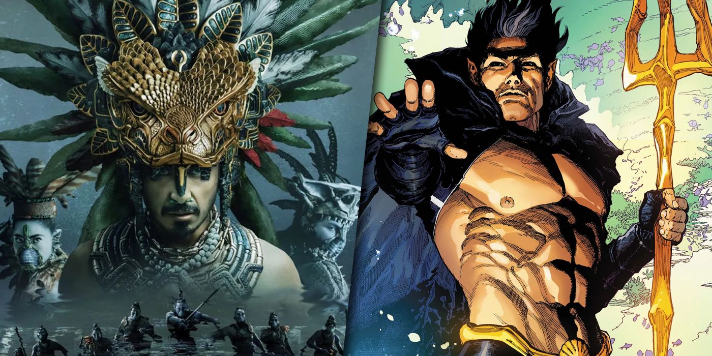 Split image of Namor from the MCU and the comics