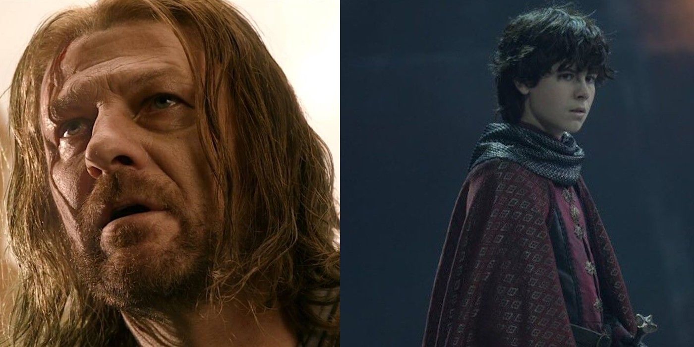 A split image of Ned Stark from GoT and Lucerys Velaryon from HotD before their deaths.