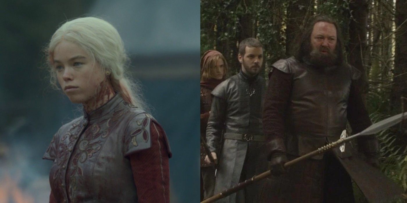 A split image of Rhaenyra Targaryen from HotD and Robert Baratheon from GoT during their hunts.