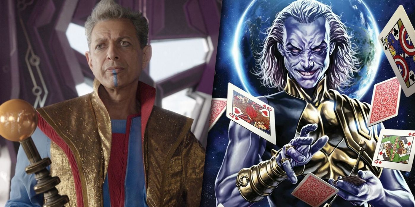 Split image of the Grandmaster from the MCU and the comics