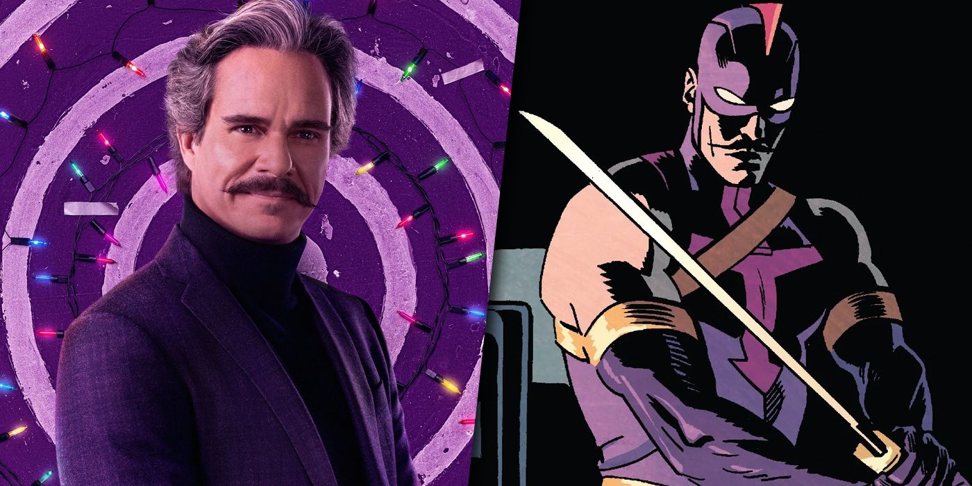 Split image of the Swordsman from the MCU and the comics