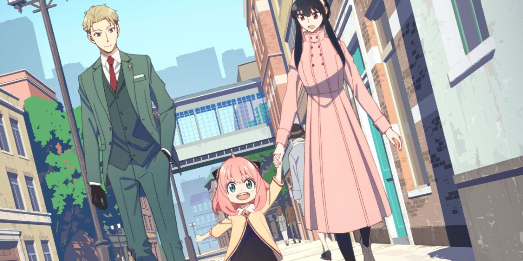 Loid, Anya, and Yor Forger walking down the street in Spy x Family.