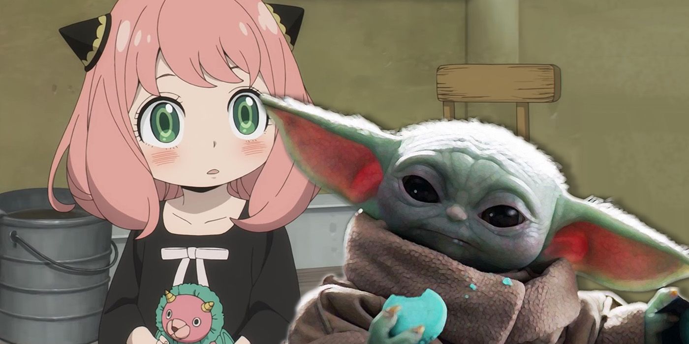 Spy x Family's Anya standing behind The Mandalorian's Grogu/Baby Yoda, who's eating a green cookie.