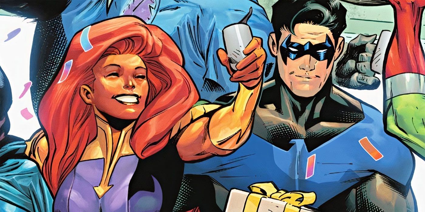 Starfire and Nightwing celebrating the end of the Titans Academy year in DC Comics