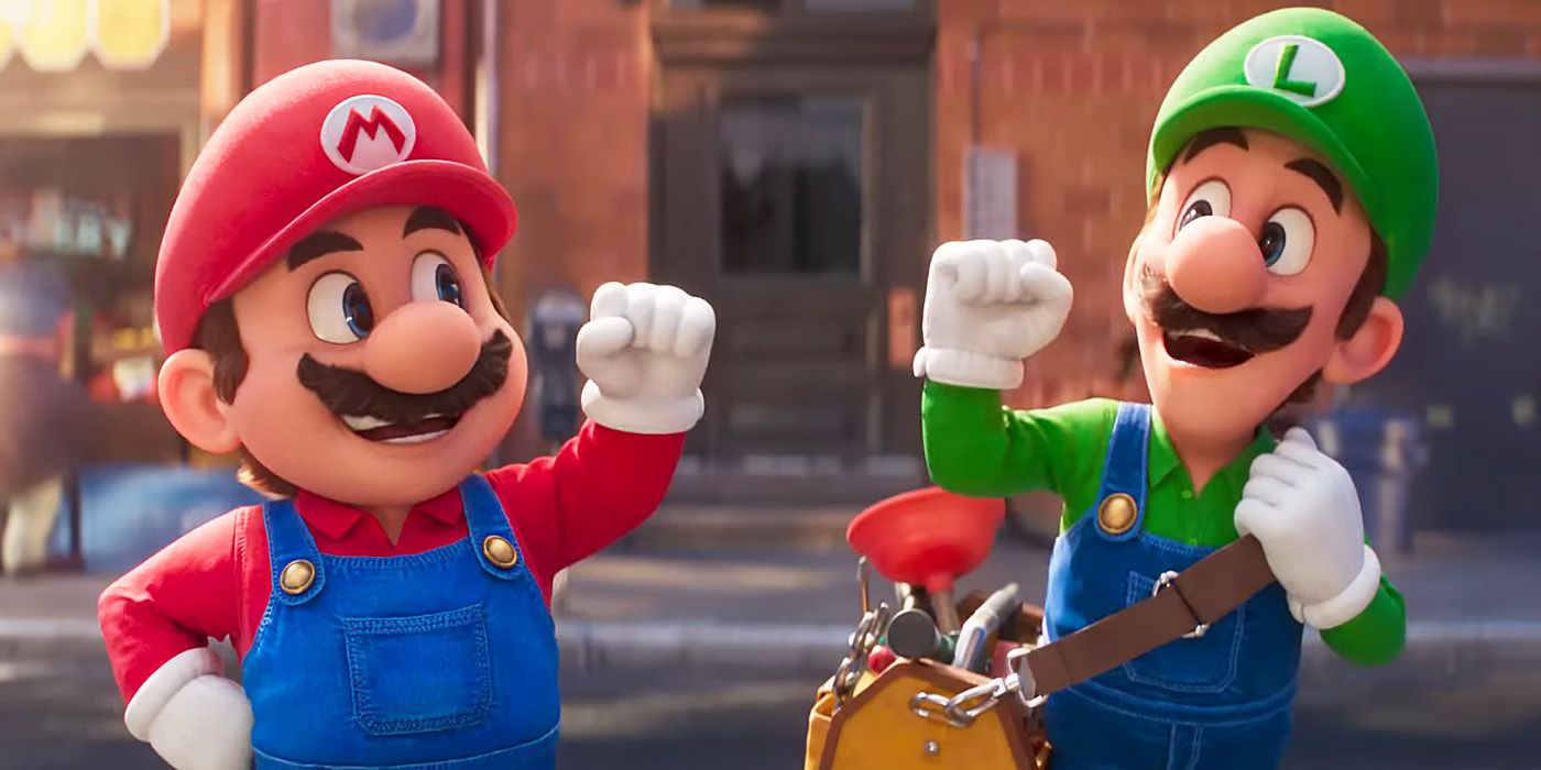 Mario and Luigi smile at each other while making their famous jumping poses in The Super Mario Bros. Movie.