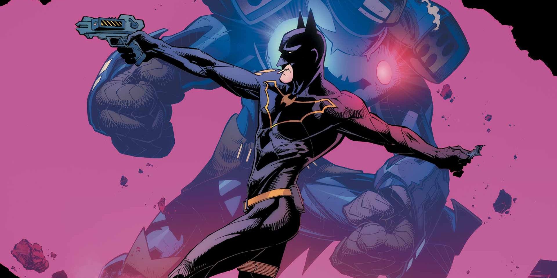 Batman superimposed over the Superheavy Batman armor in DC Comics