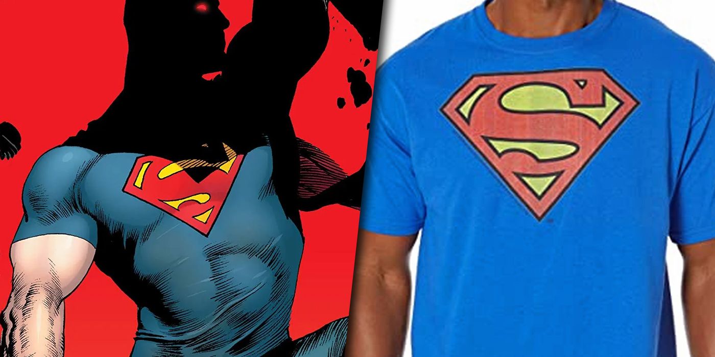 Superman in his t-shirt from the comics and the current version's split image