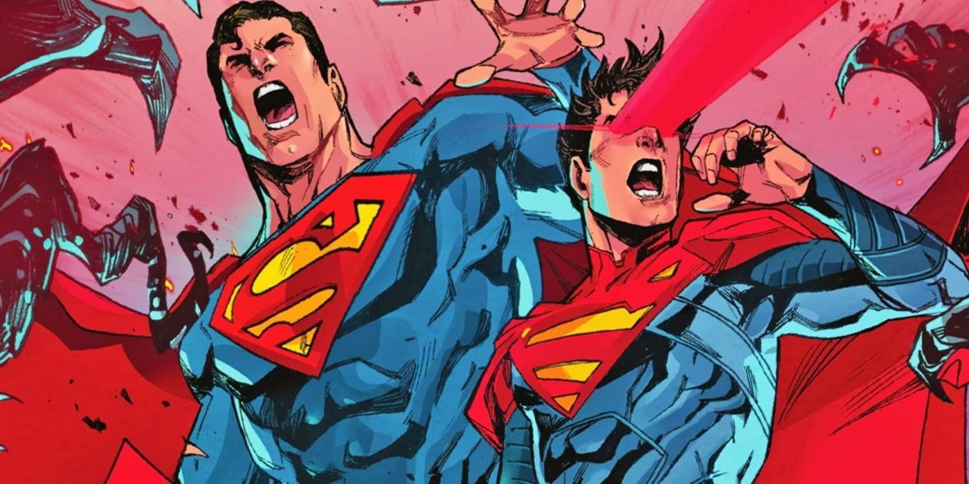 Superman and his son Jon Kent using their heatvision in DC Comics
