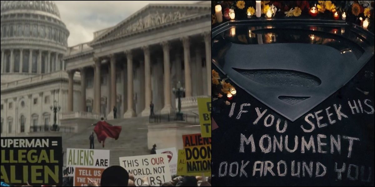 Split of Batman V Superman protest scene and the ending scene