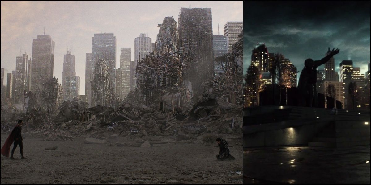 Split image Metropolis destroyed in Man Of Steel and in Batman V Superman Teaser