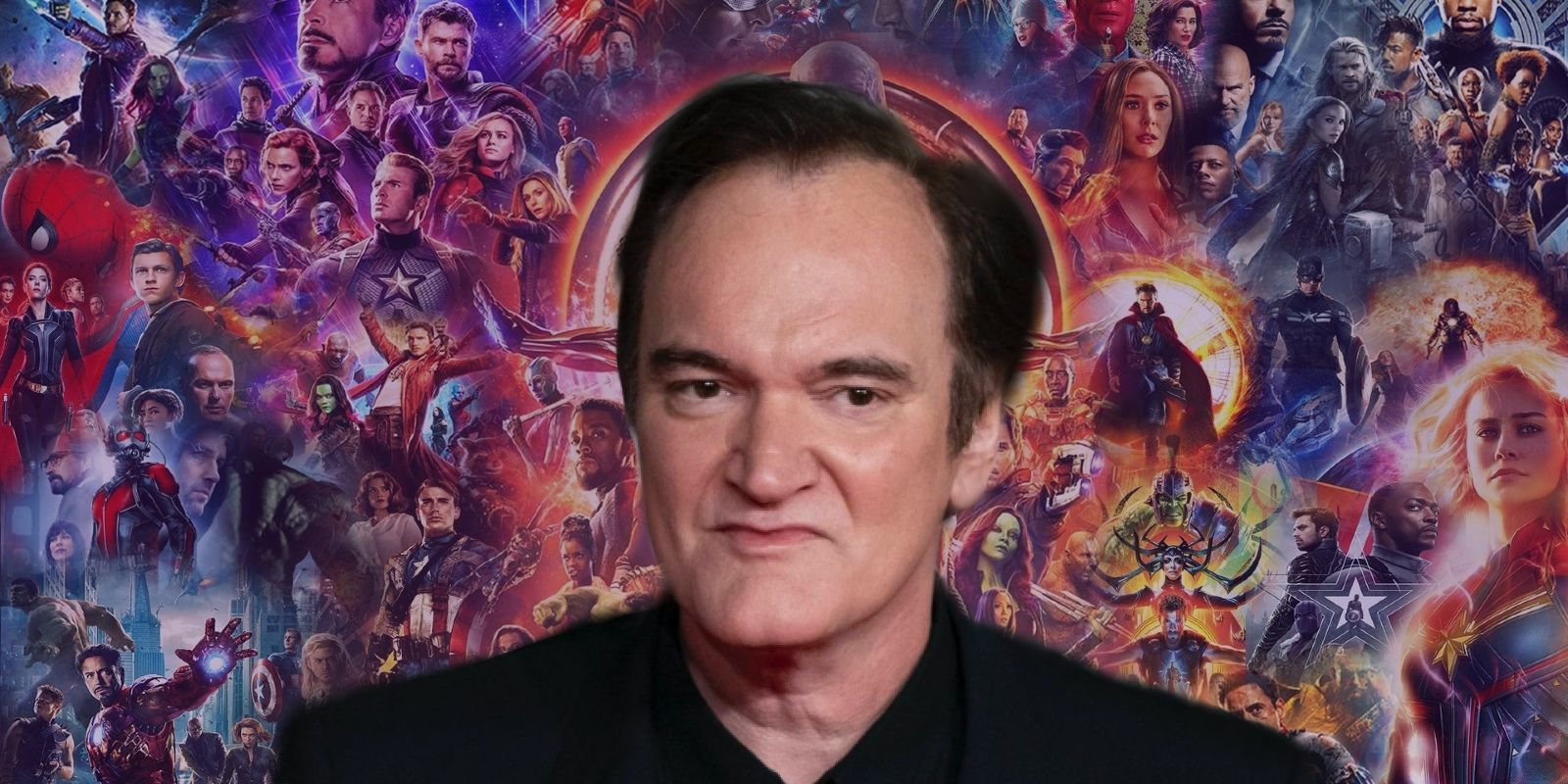 Portrait of Quentin Tarantino in front of Marvel movie compilation poster. 