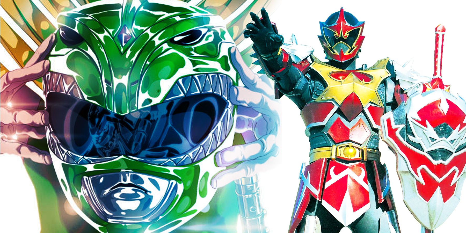 split image of the Green Mighty Morphin Ranger and Red Power Rangers