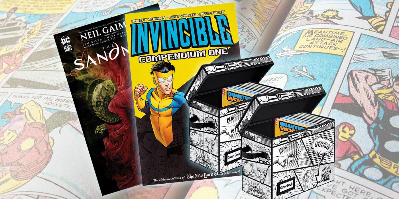 The Sandman, Invincible, and comic boxes with a Marvel comic in the background