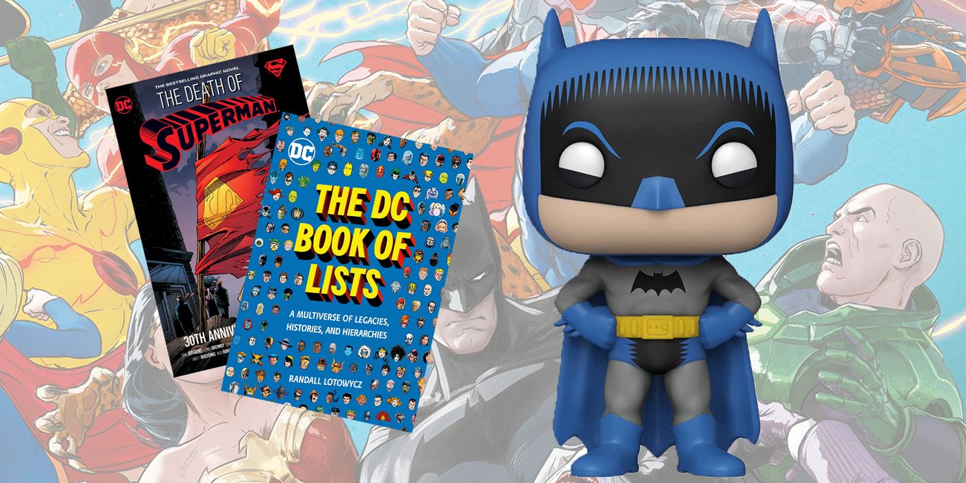 Comics and books with a Batman Funko POP! and a DC comic background