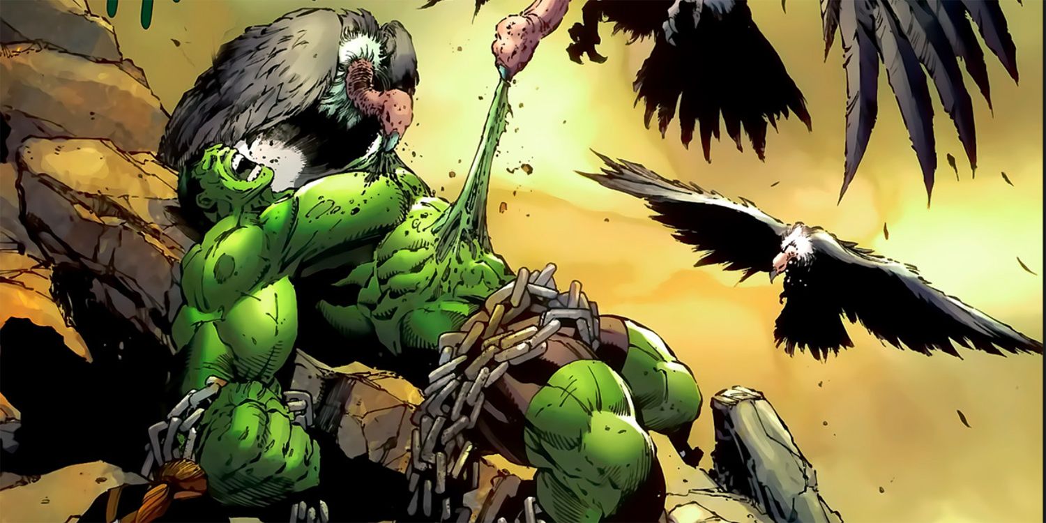 Hulk is bound to a rock for vultures to feed on