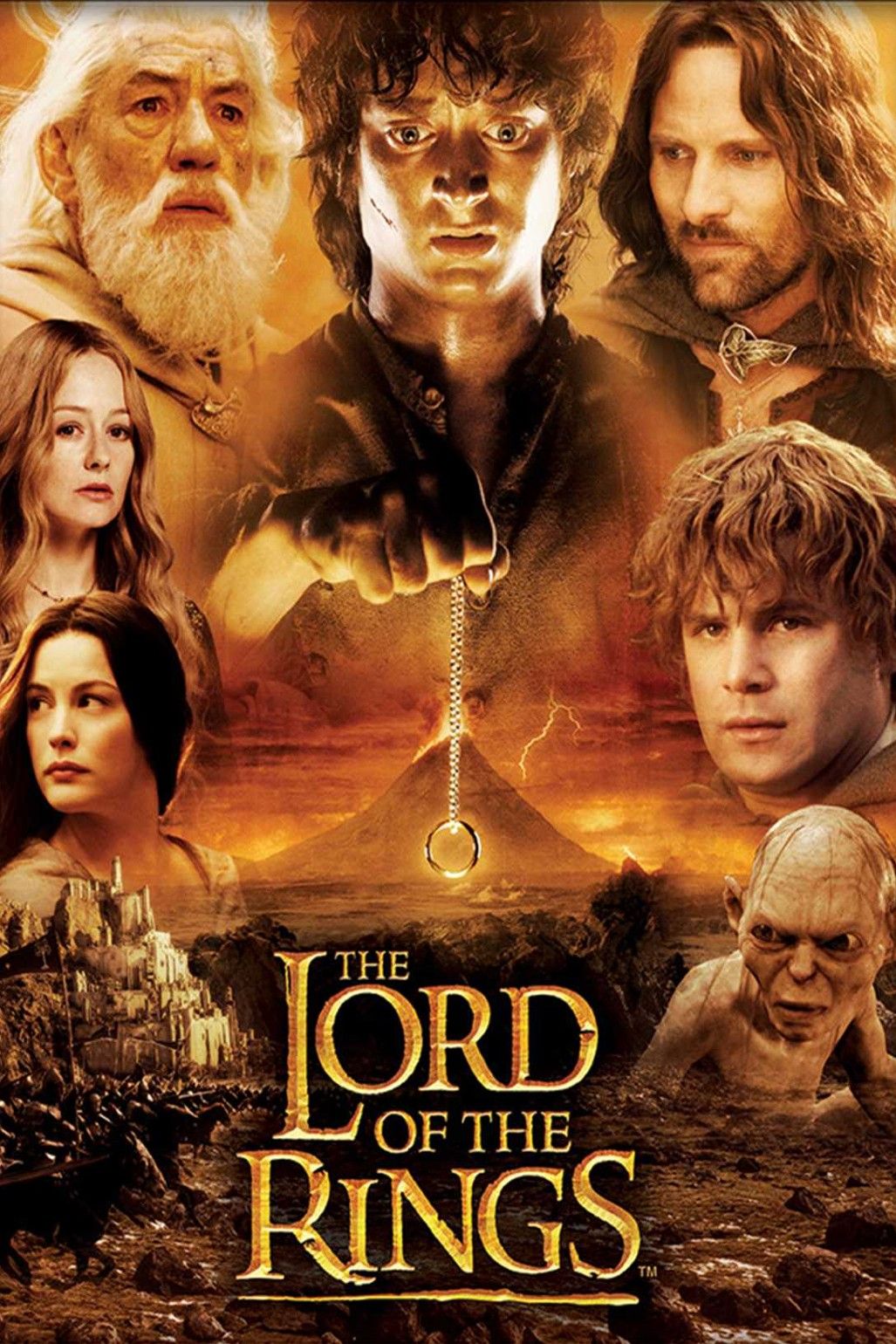 Fodo, Sam, Gollum, Aragorn, Gandalf, Eowyn e Arwen no pôster da franquia O Senhor dos Anéis