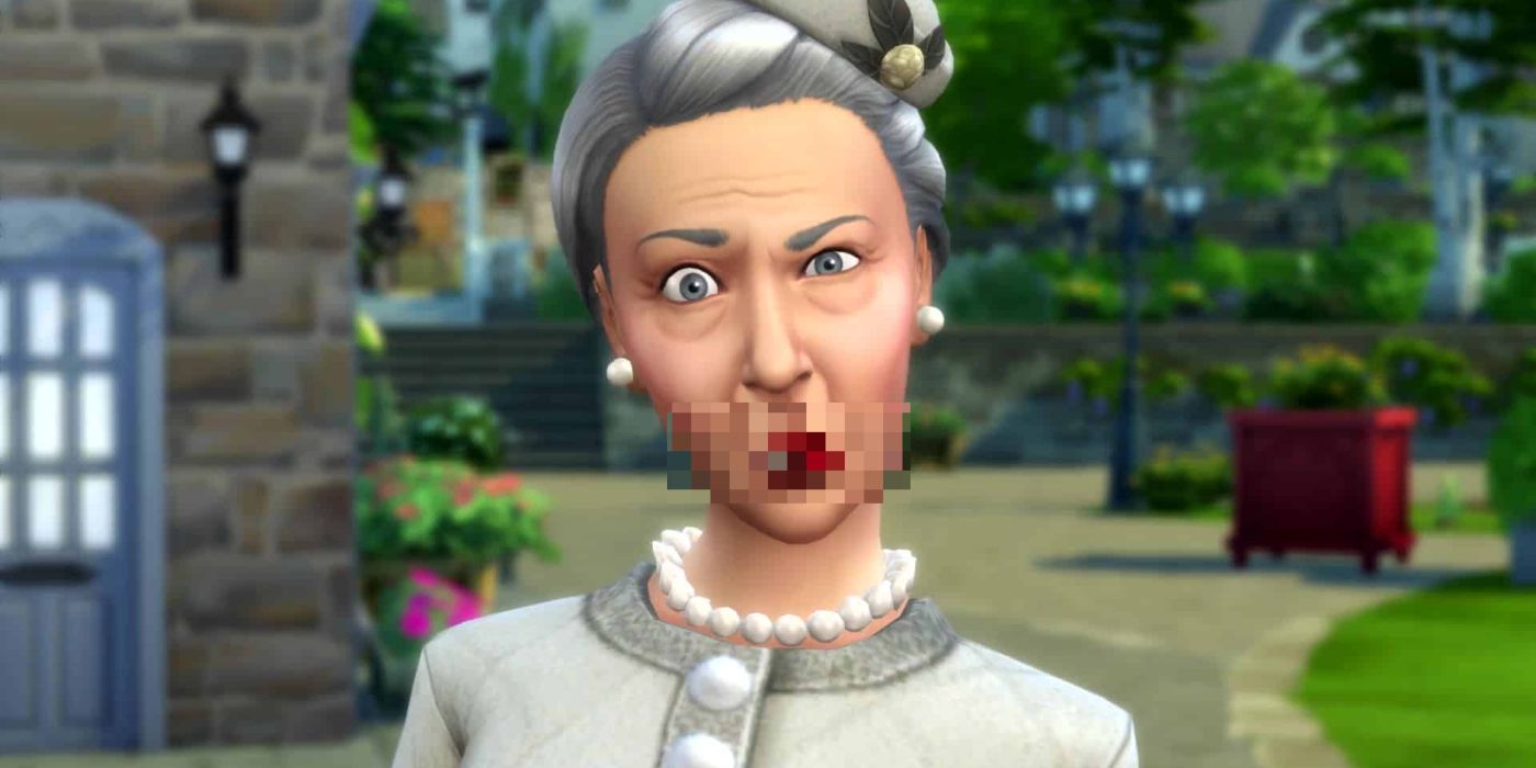 An elderly lady from The Sims 4 with her mouth blurred out