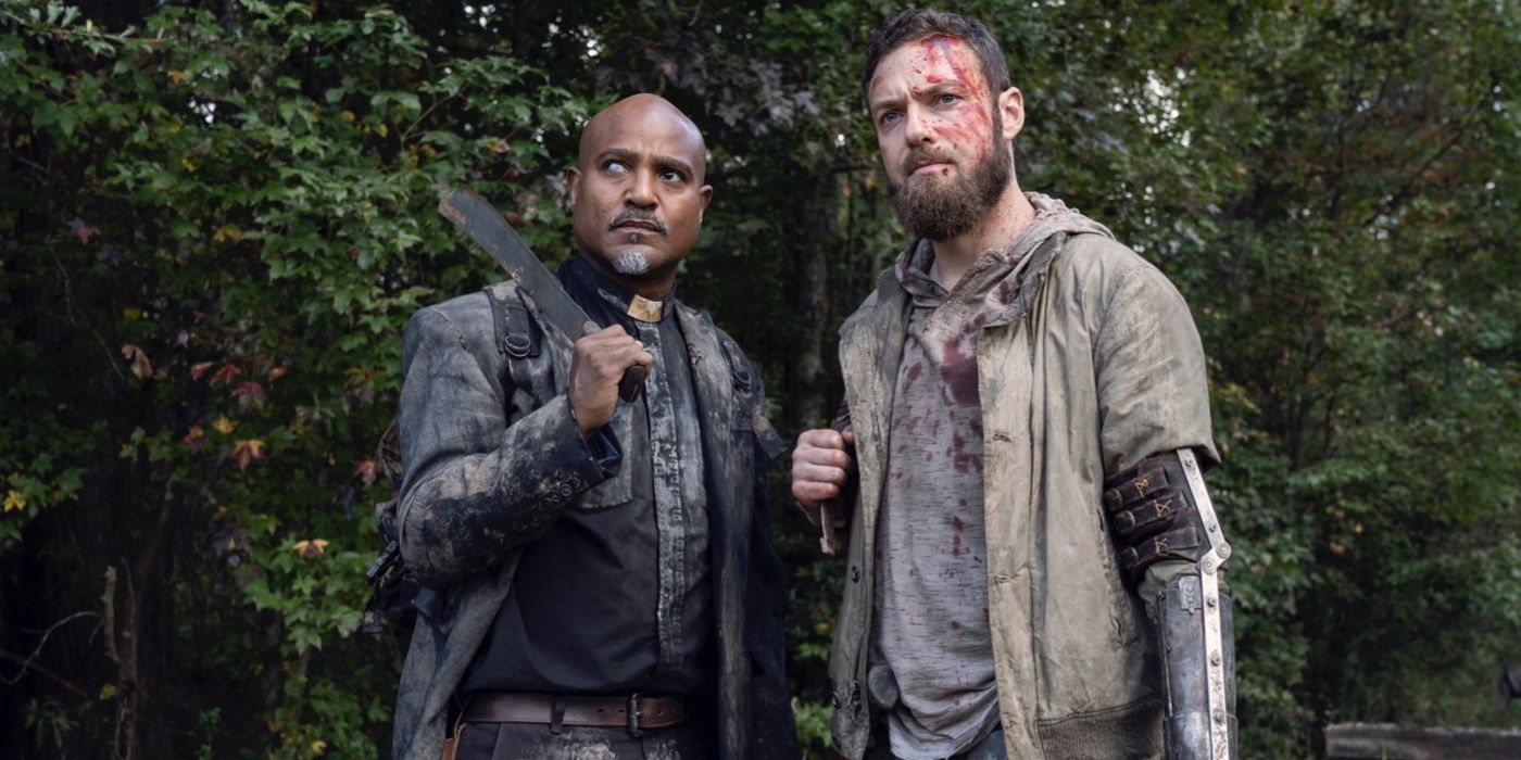 Gabriel holding a machete beside Aaron on The Walking Dead