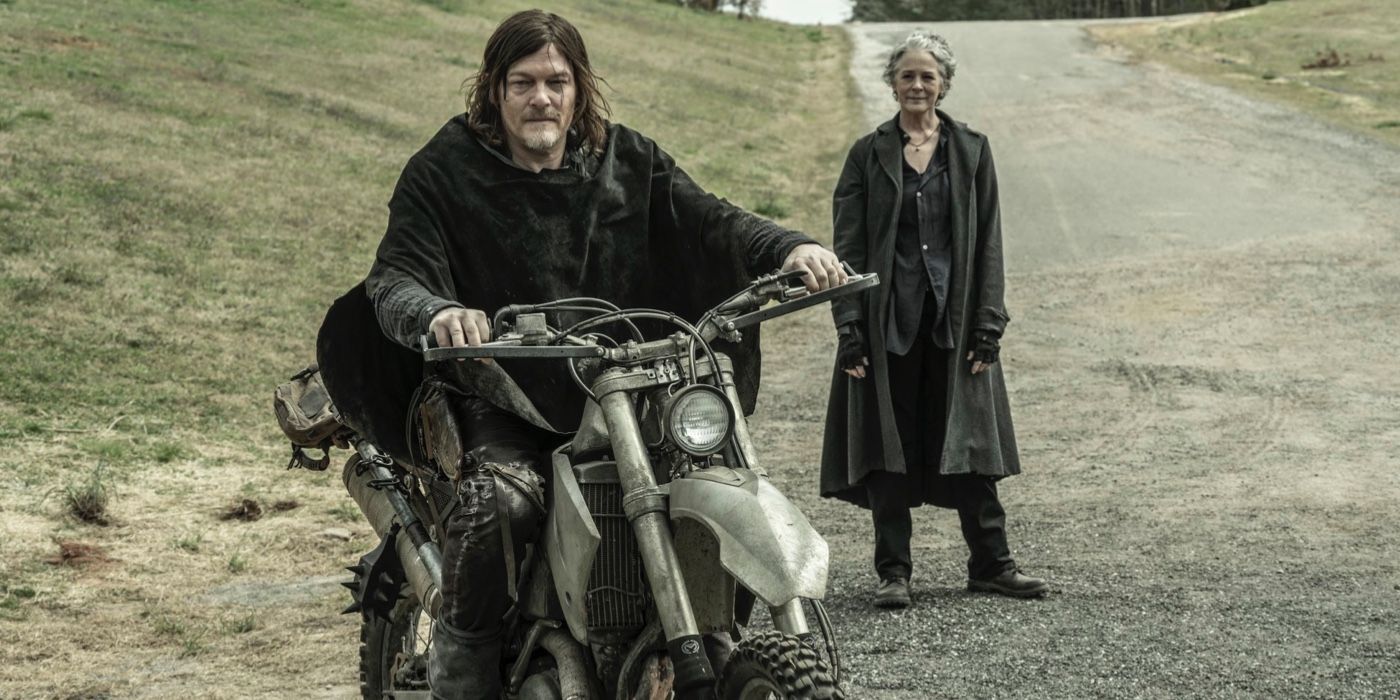 Carol watches as Daryl rides off on a motorcycle on The Walking Dead