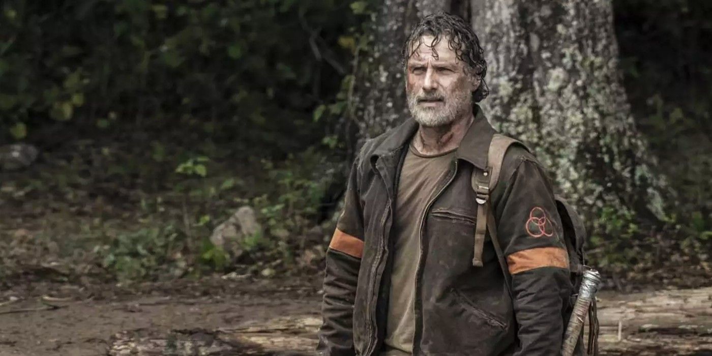 Rick Grimes in the series finale of The Walking Dead wearing a CRM jacket and looking ahead.