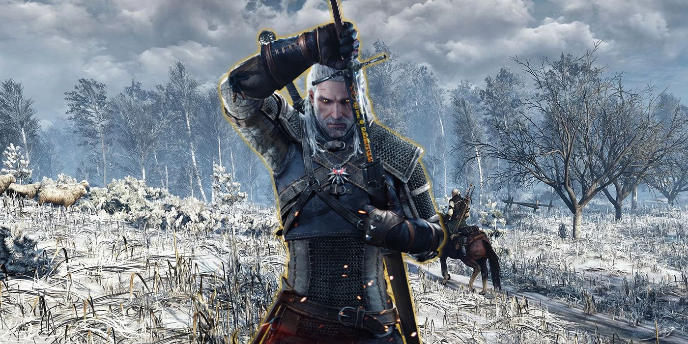 The Witcher drawing his sword with a snowy wilderness scene in the background