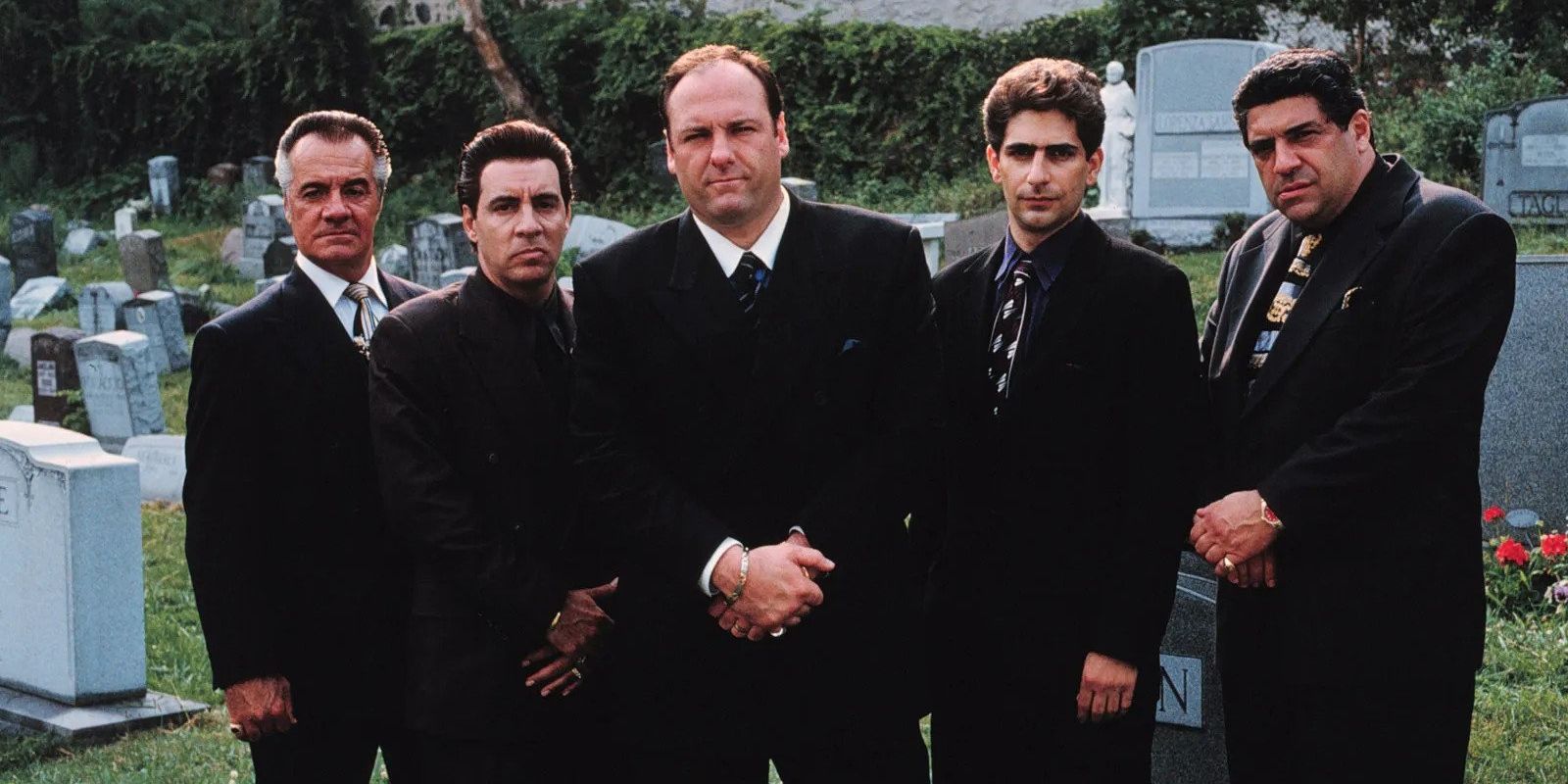 Tony Soprano, played by James Gandolfini, and members of his crime family visit a cemetery.