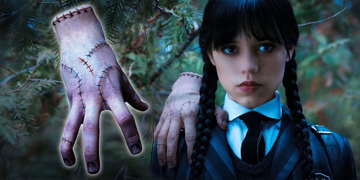 Wednesday Addams (played by Jenna Ortega) and Thing, a disembodied hand with stitches