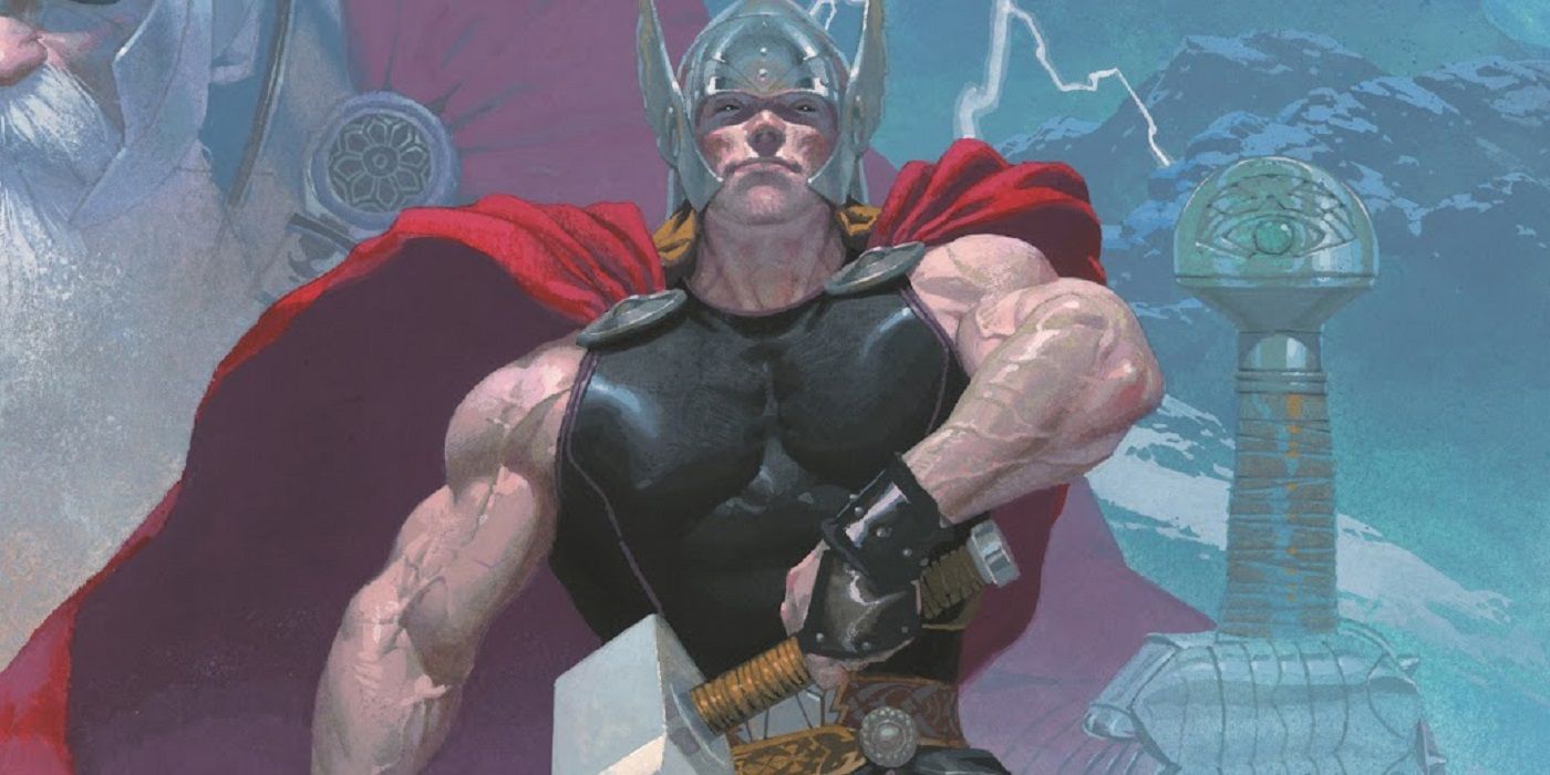 Thor standing while he begins to draw Mjolnir in Marvel Comics