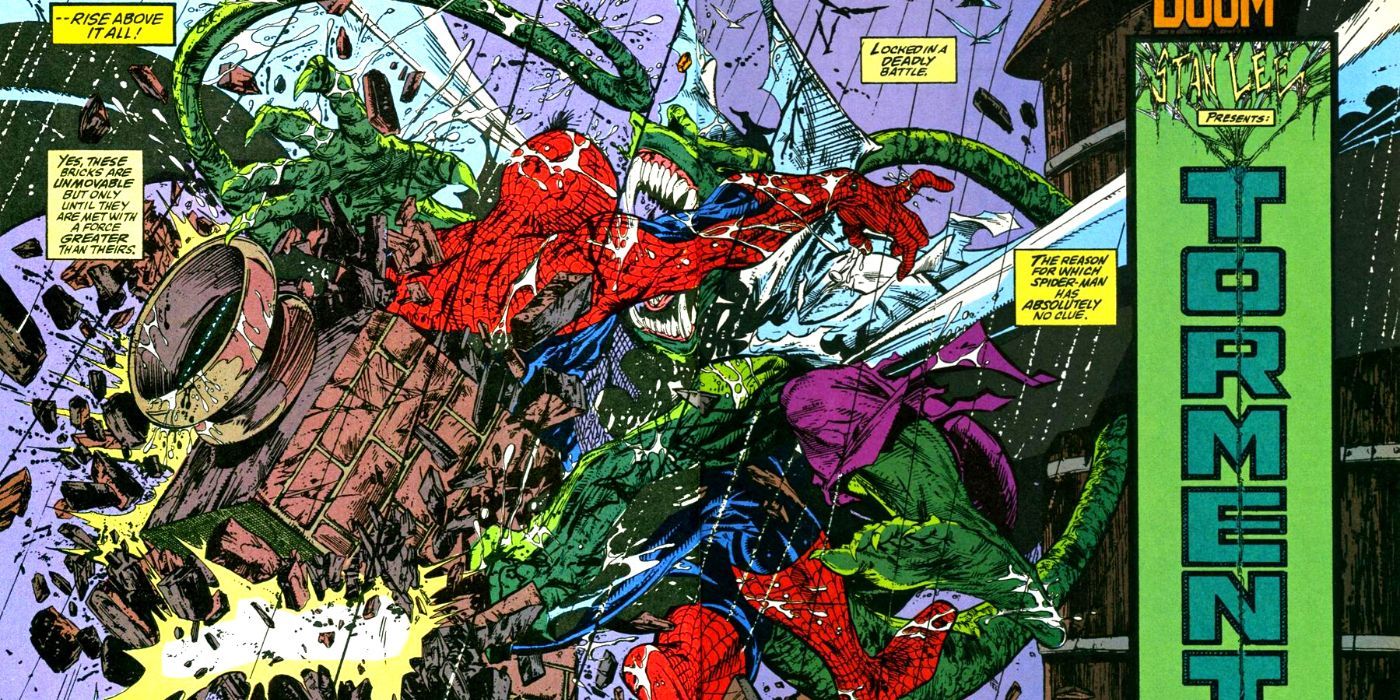 Spider-Man and the Lizard fighting in "Torment"