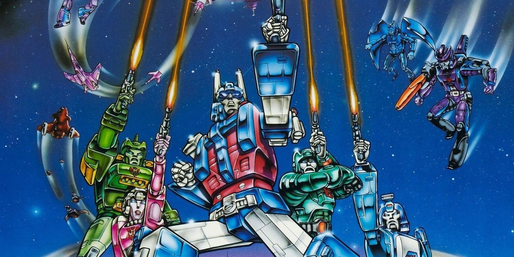 Movie poster art depicting Transformers firing laser guns at their enemies above
