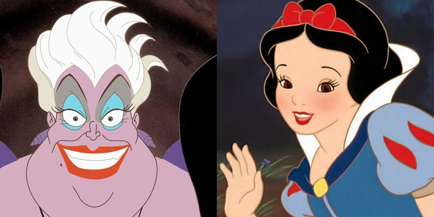 A split image of Ursula from Disney's Little Mermaid and Disney's Snow White