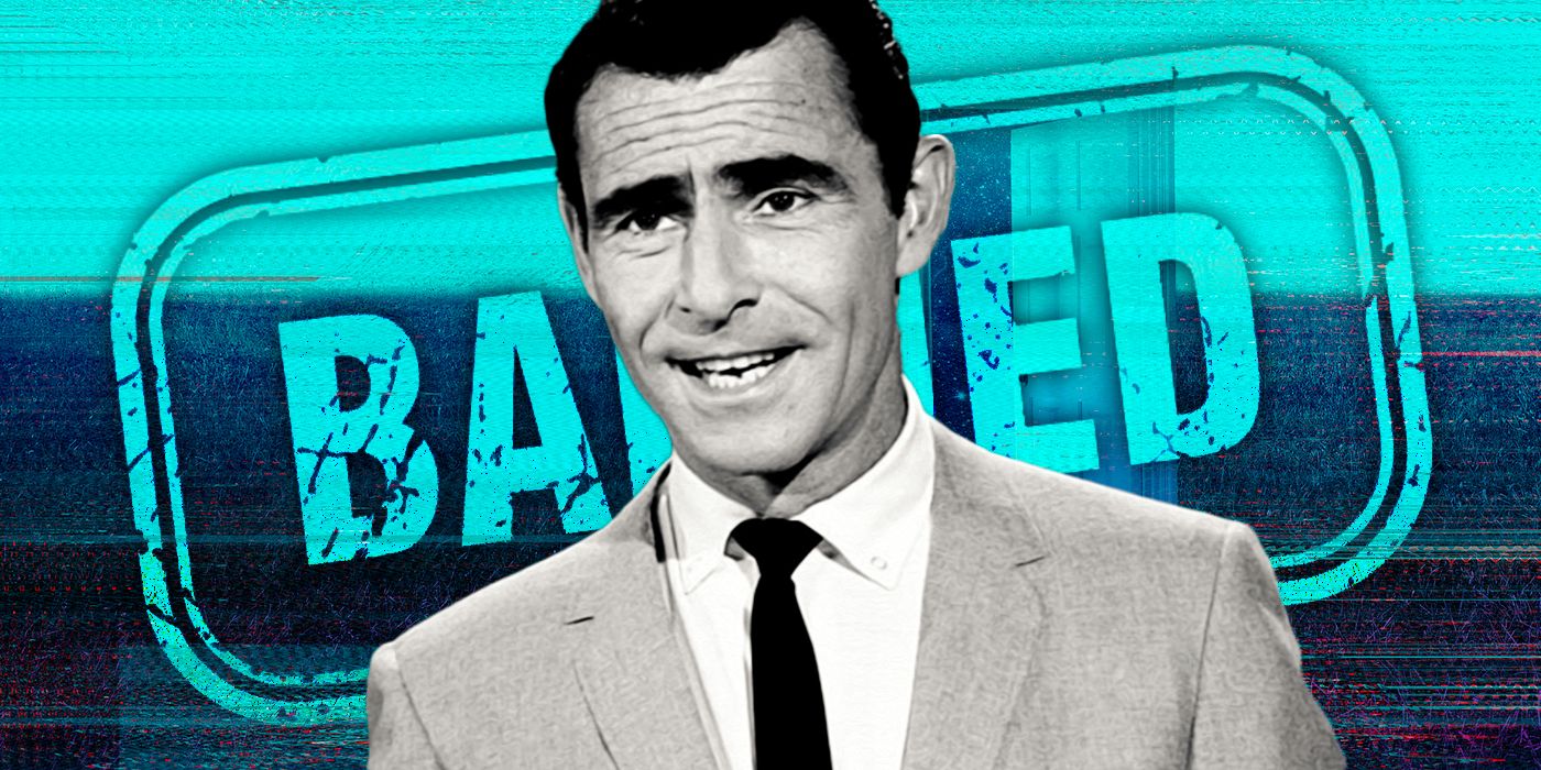 Rod Serling in black and white in front of a blue banned sign.