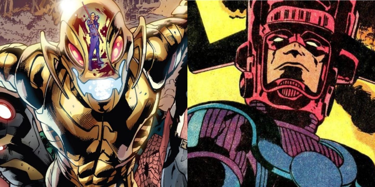 A split image of Gold Ultron and Galactus in Marvel Comics